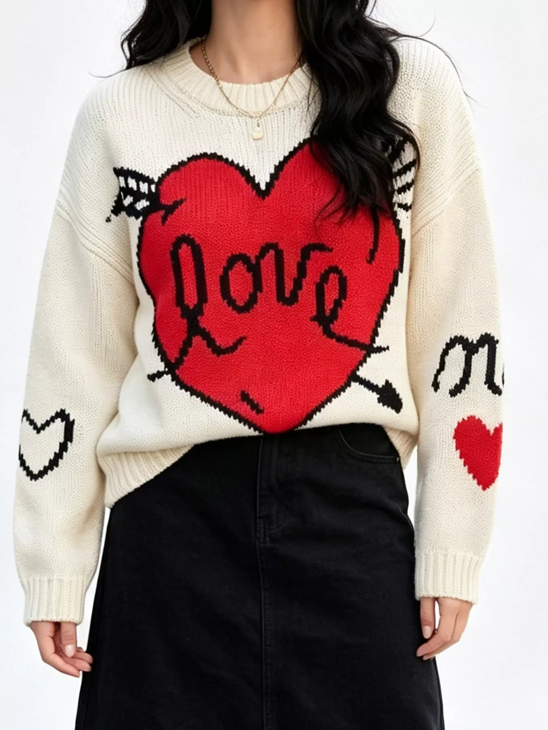 White Heart and arrow graphic knit sweater with ribbed trim