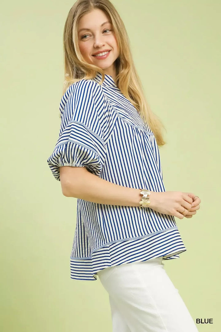 Striped puff sleeve babydoll top with split V-neck
