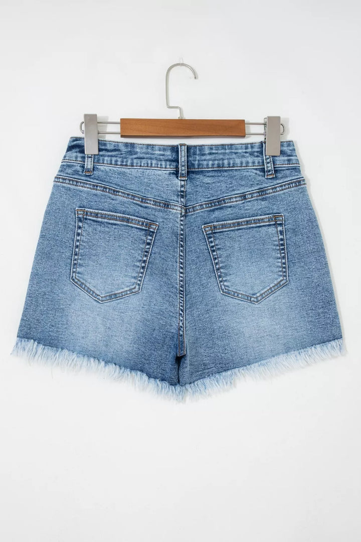 Western embroidered studded denim shorts with raw hem
