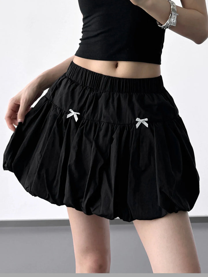 Black Bubble hem mini skirt with bow trim and elastic waist