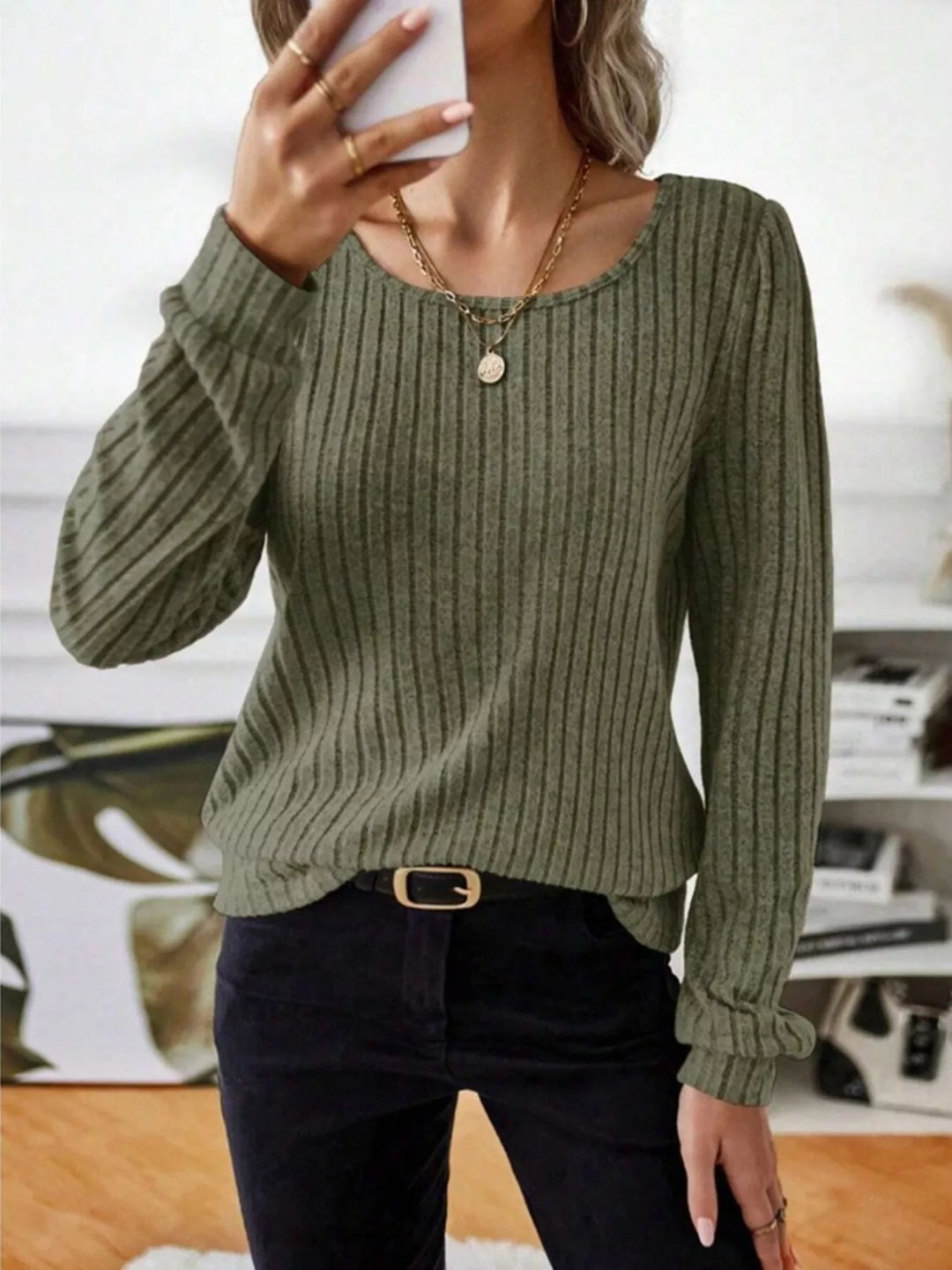 Ribbed knit scoop neck long sleeve top