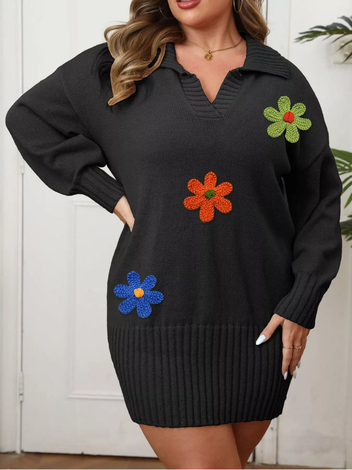 Floral applique collared sweater dress with ribbed hem