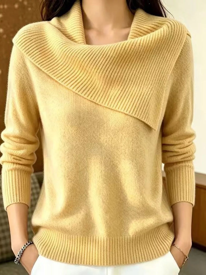 Yellow Asymmetric foldover ribbed collar knit pullover sweater