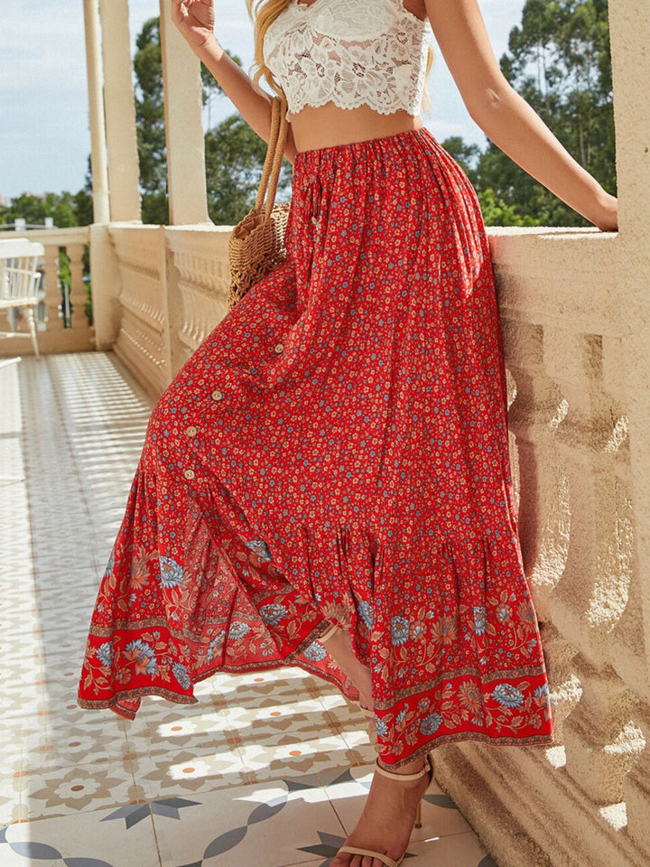 Floral print button-front midi skirt with side slit