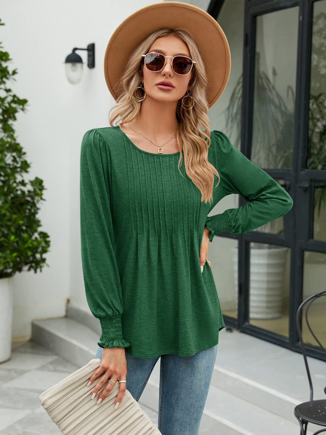 Green Pleated front lantern sleeve blouse with smocked cuffs