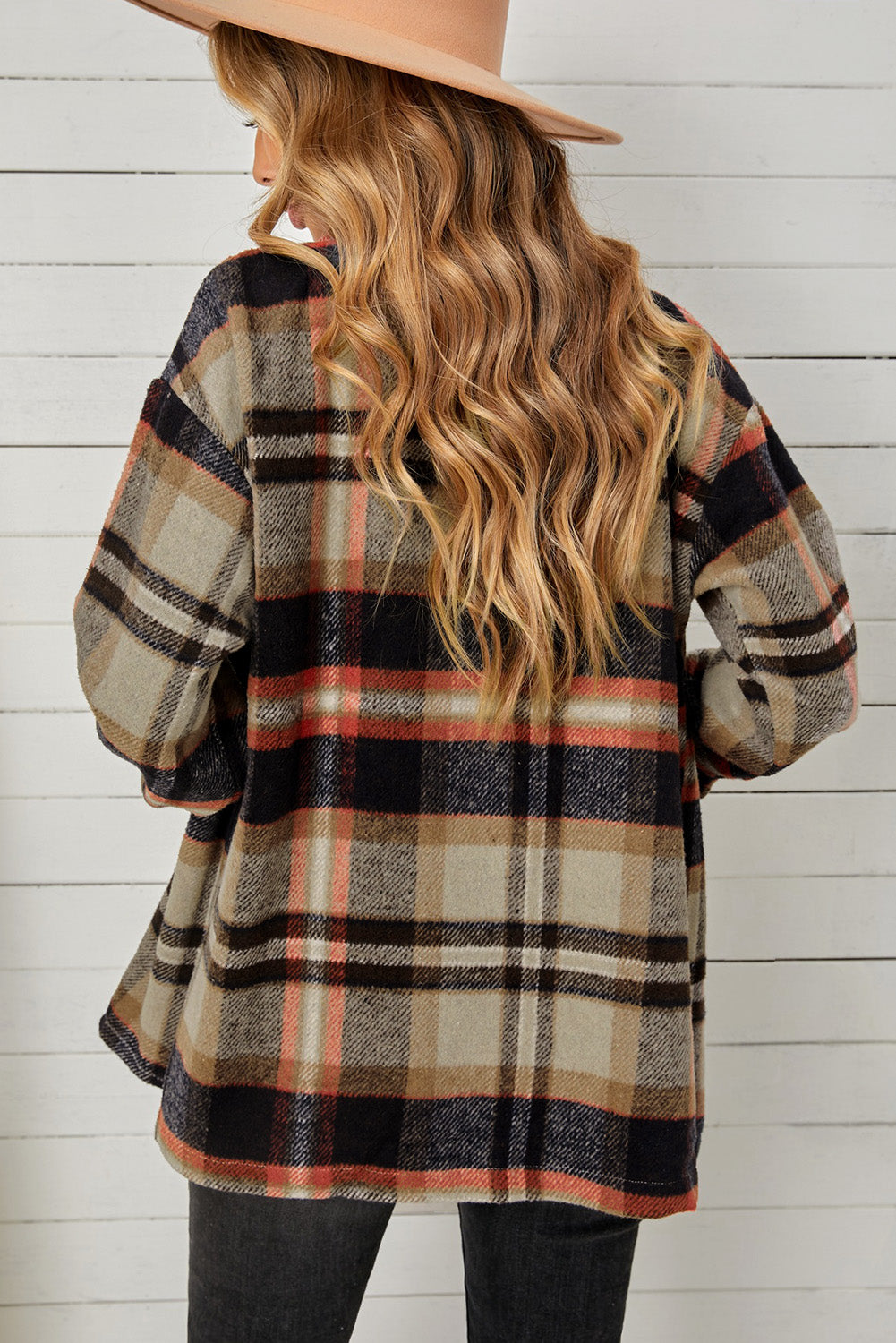 Plaid button-down shacket with flap chest pockets