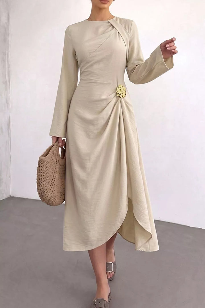 Ruched waist midi dress with rosette and long sleeves
