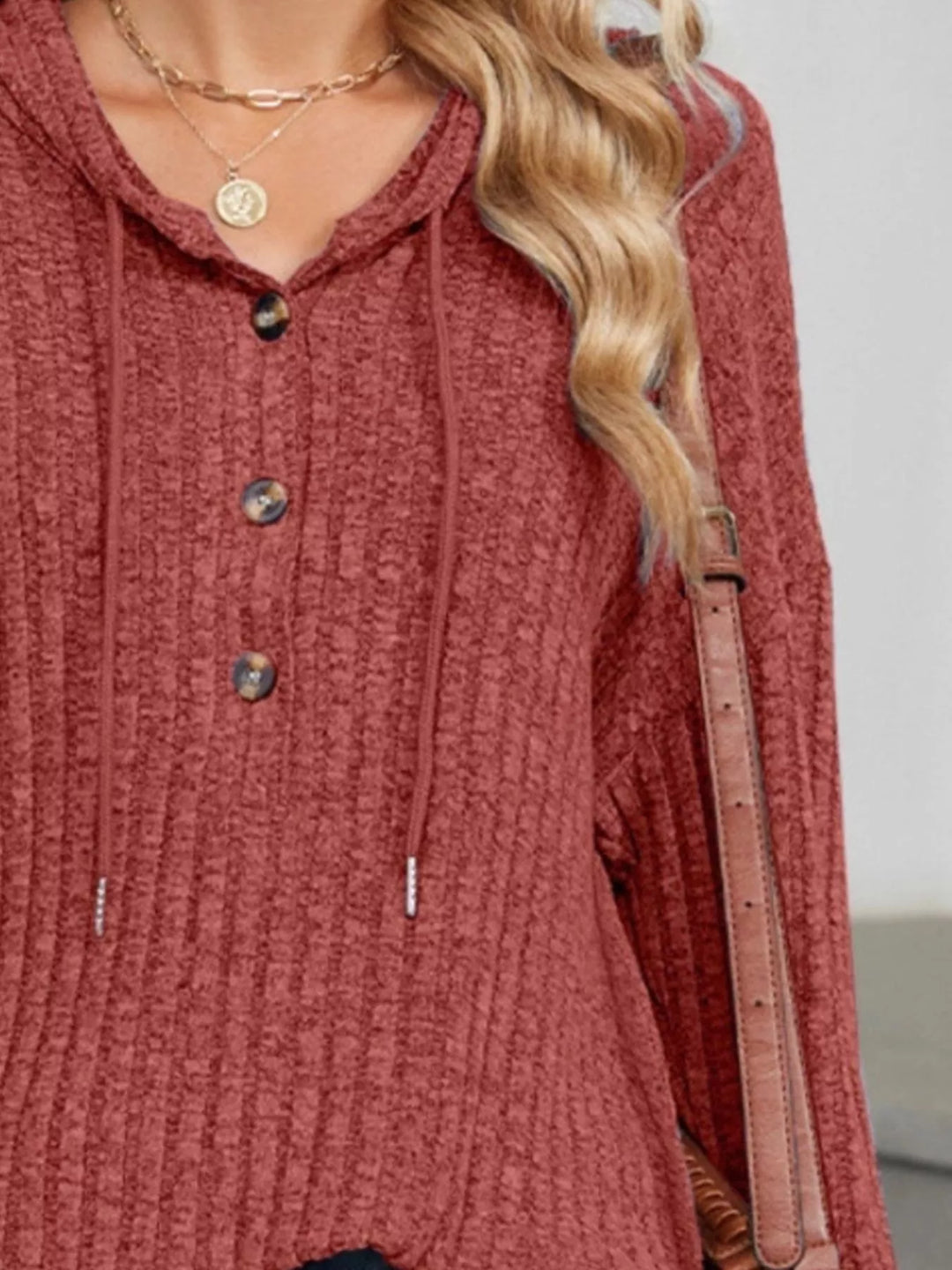 Ribbed knit henley hoodie with drawstring hood