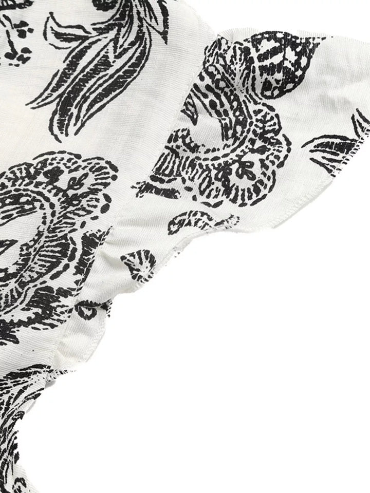 Notched neckline paisley tiered maxi dress with flutter sleeves