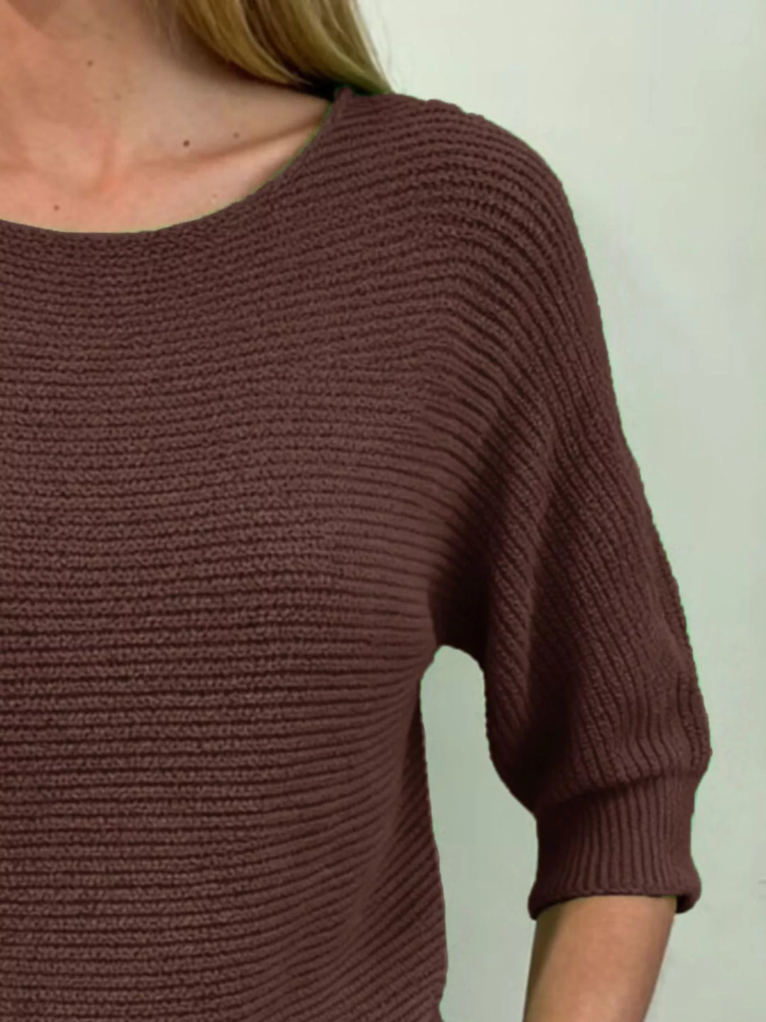 Ribbed knit round neck sweater with dolman sleeves