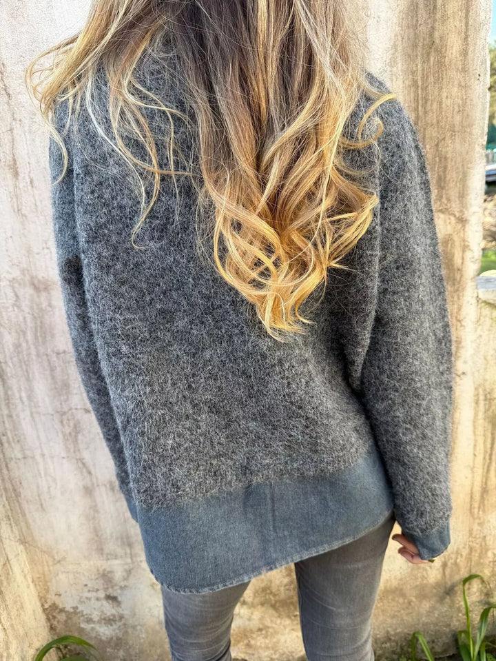 Denim collar half-zip knit sweater with layered hem