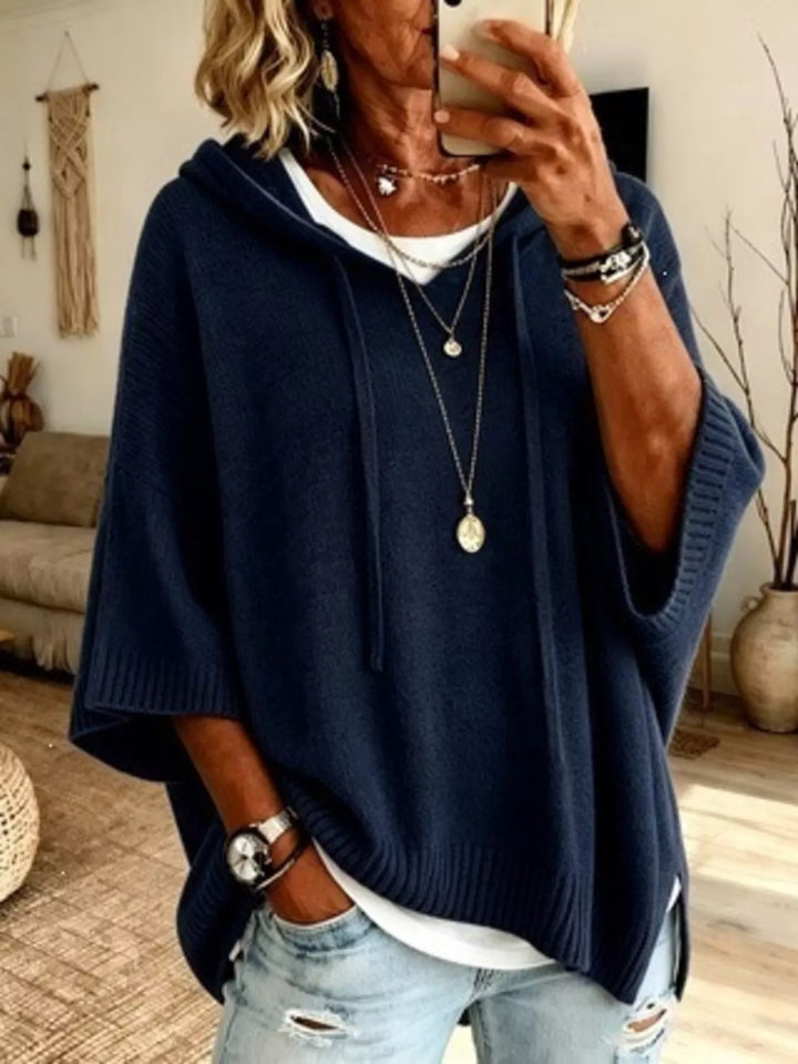 Dark Blue Oversized hooded sweater with drawstring and ribbed trim
