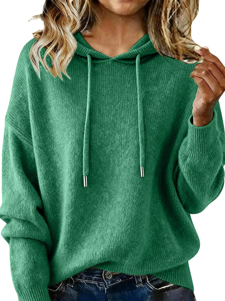 Green Drawstring hooded knit sweater with ribbed cuffs