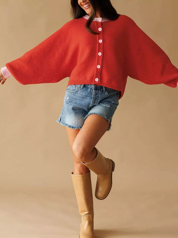 Contrast trim button-front knit cardigan with balloon sleeves