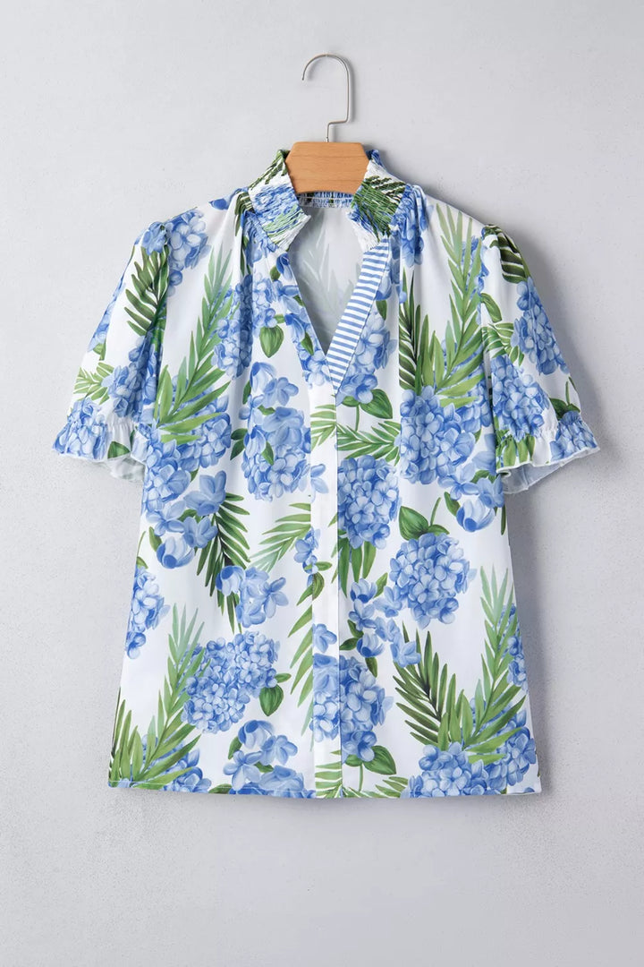 Tropical floral and stripe patchwork blouse with ruffle trim