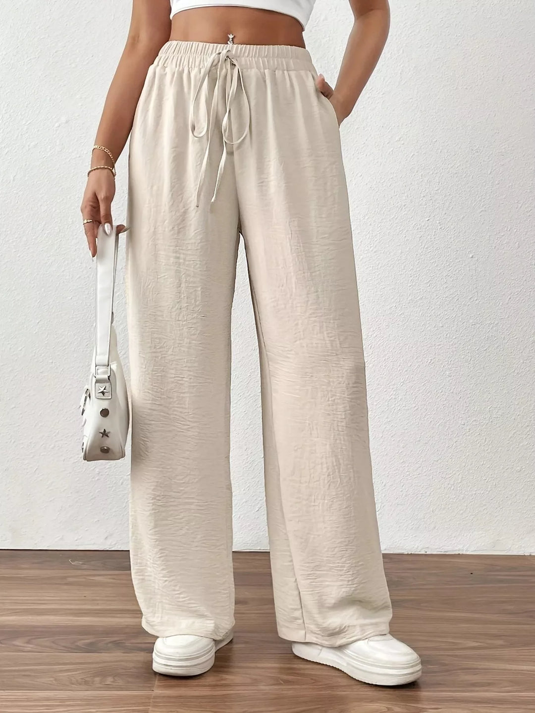 Apricot Casual Drawstring Wide Leg Pants