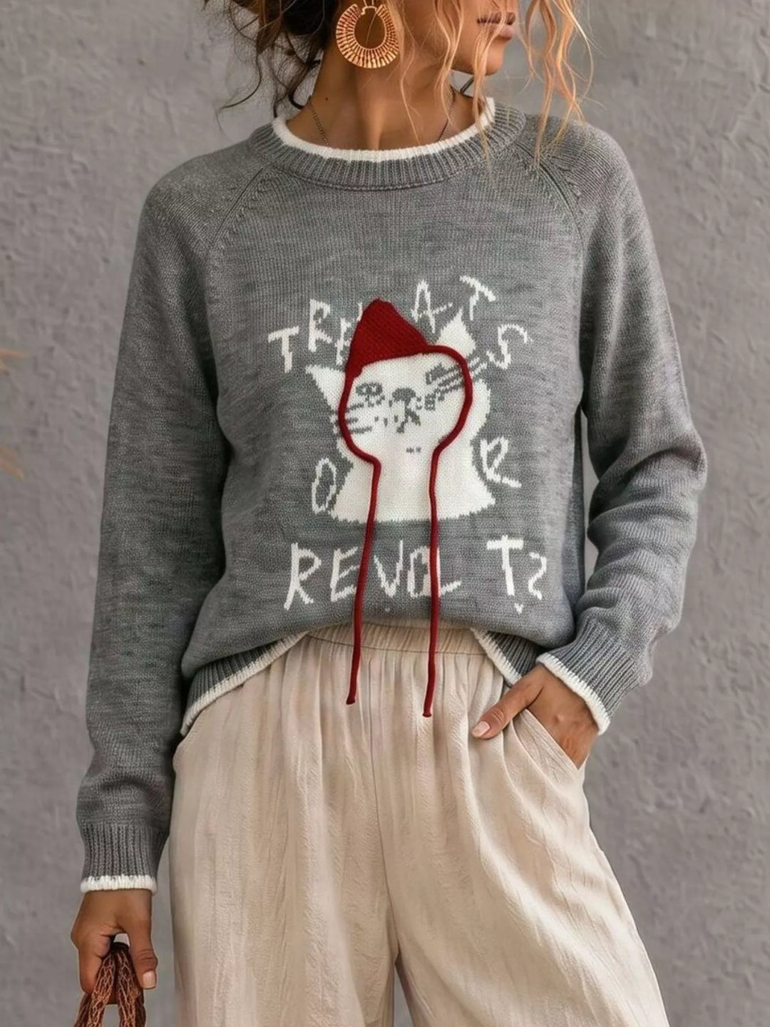 Gray Cat graphic raglan sleeve knit sweater with contrast trim