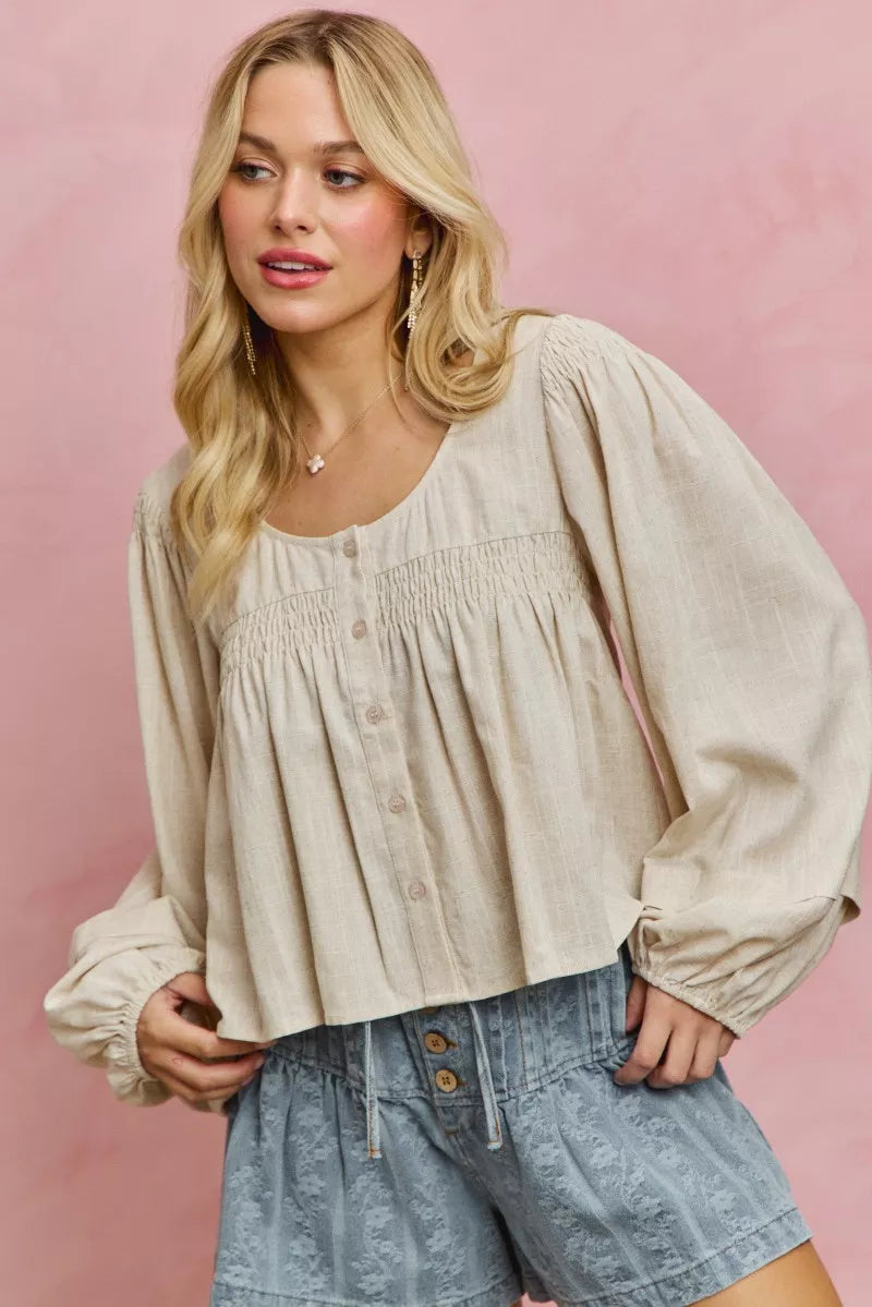 CREAM Smocked button-front puff sleeve linen blend top