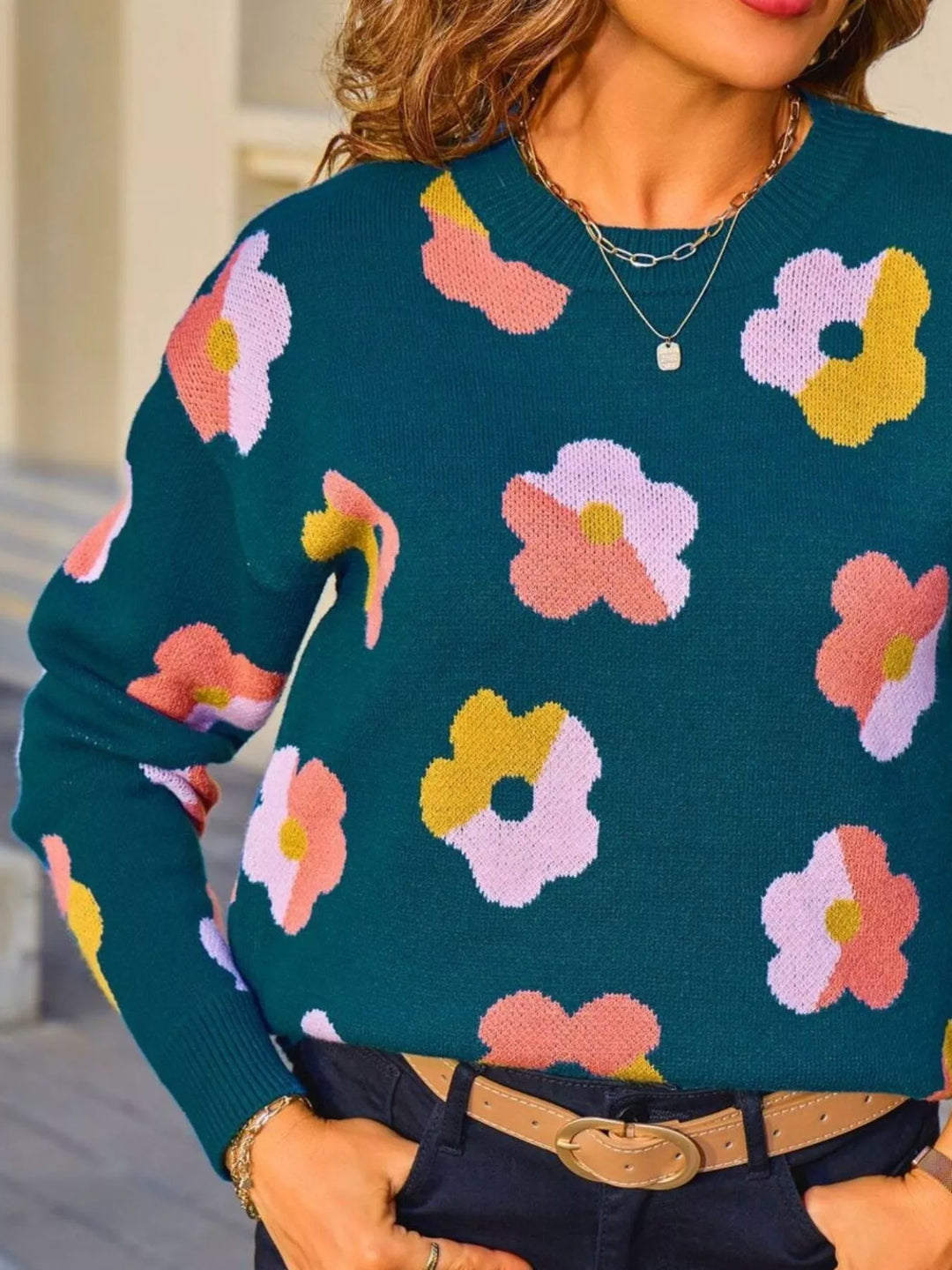 Retro floral crew neck knit pullover sweater