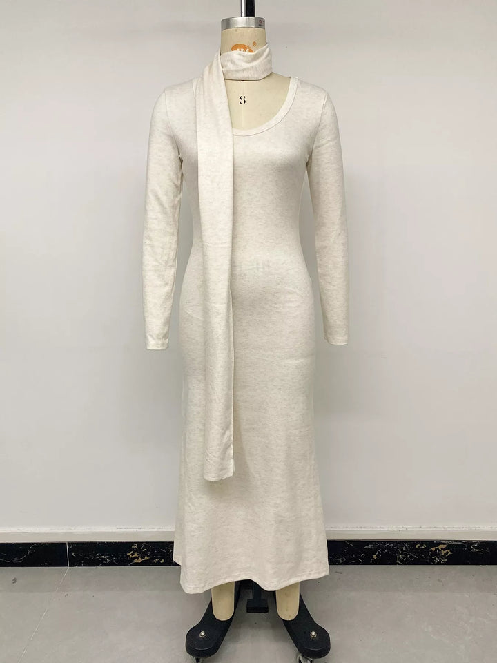 Scoop neck long sleeve knit maxi dress with scarf
