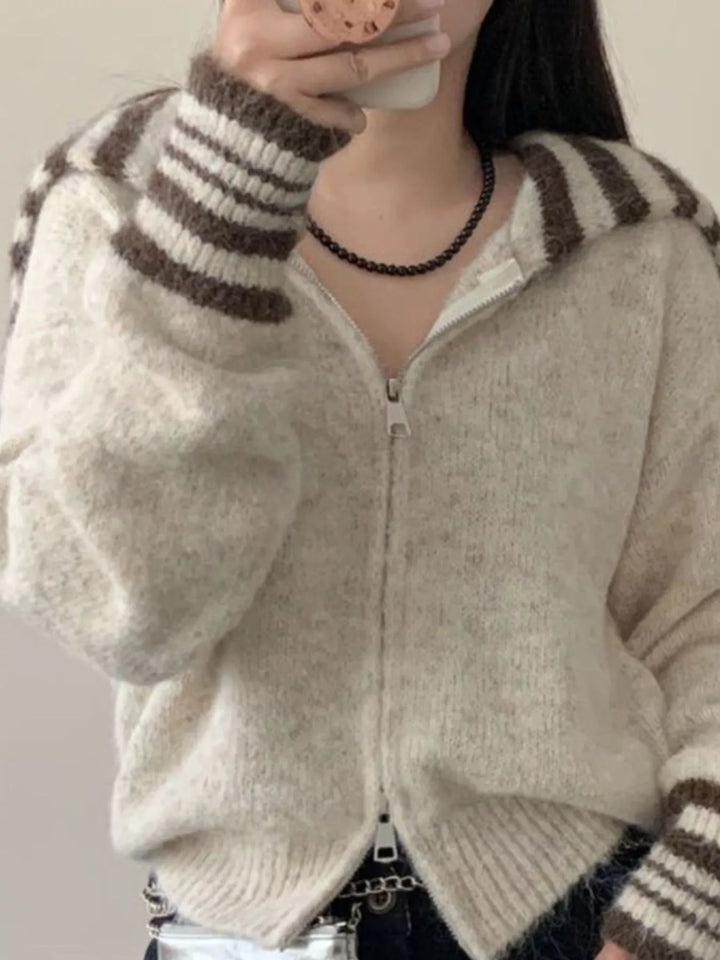 Striped trim zip-up knit cardigan with collar