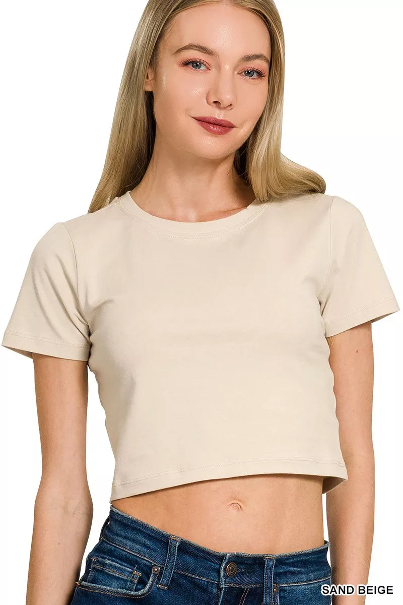 SAND BEIGE Short sleeve cotton crop top with round neck