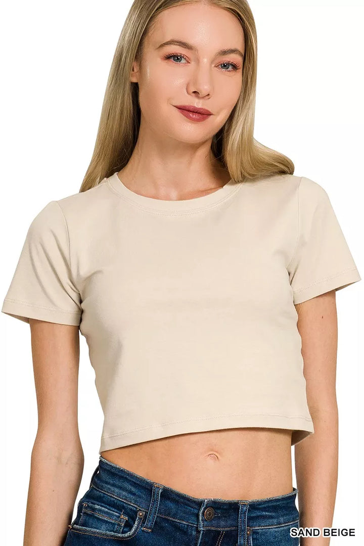 SAND BEIGE Short sleeve cotton crop top with round neck