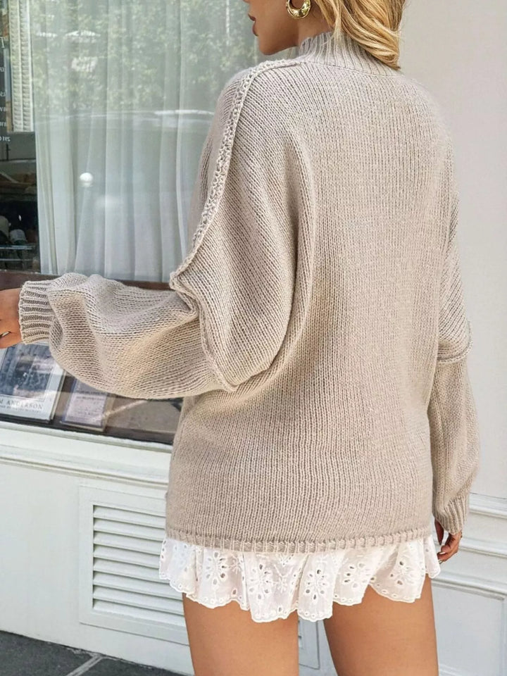Mock neck drop shoulder oversized sweater with ribbed cuffs