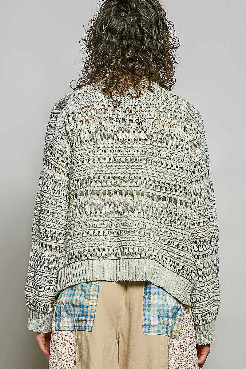 Open-knit V-neck cardigan with 3D floral buttons
