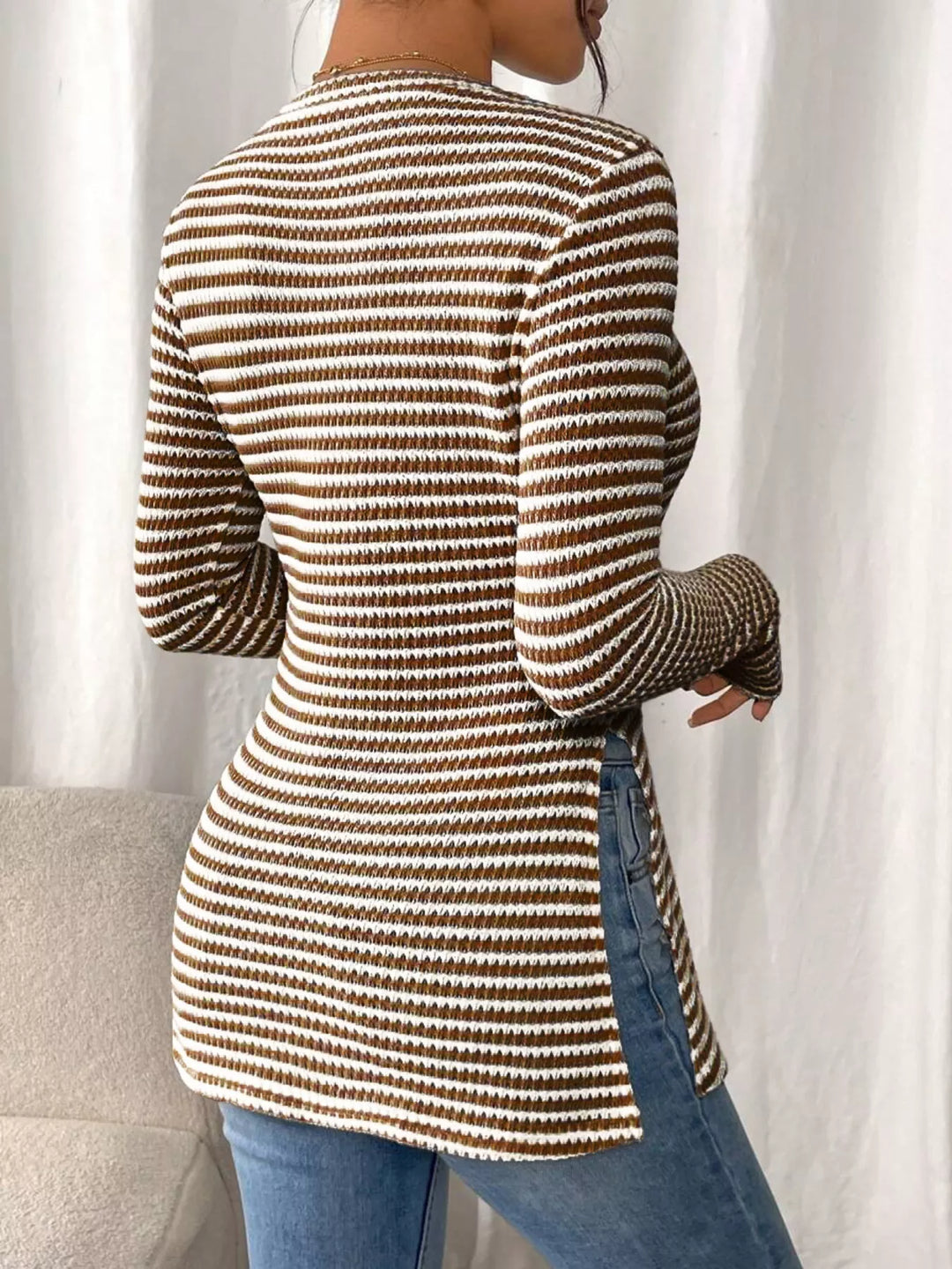 Slit-hem striped textured knit long sleeve top