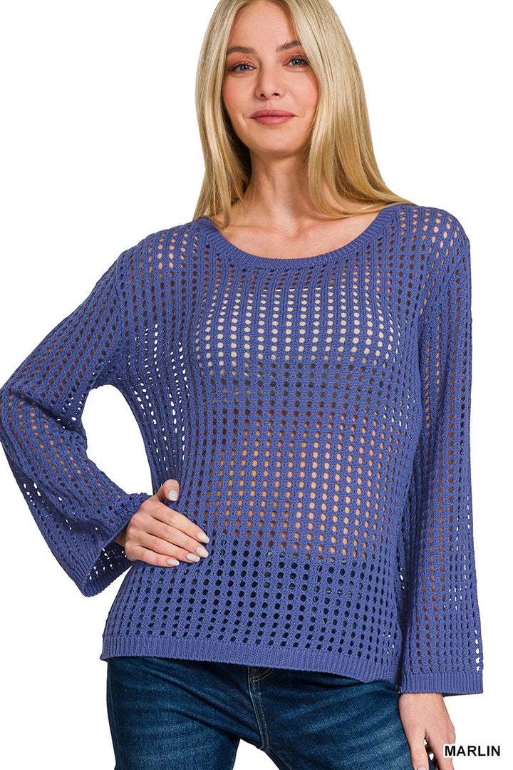 MARLIN Open knit long sleeve pullover sweater with ribbed hem