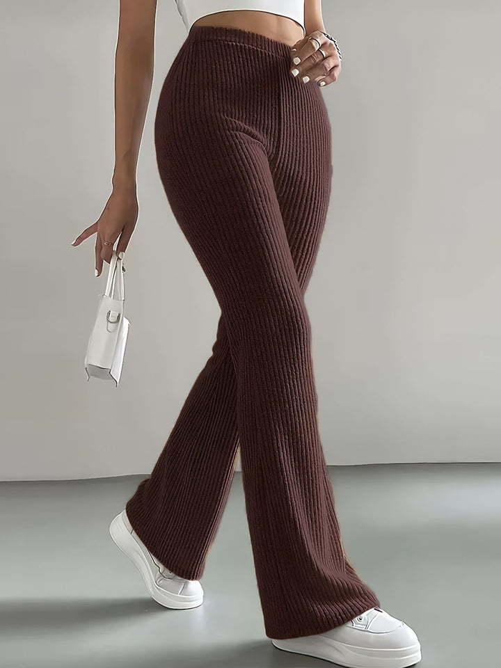 Brown Ribbed knit high-rise pull-on flare pants