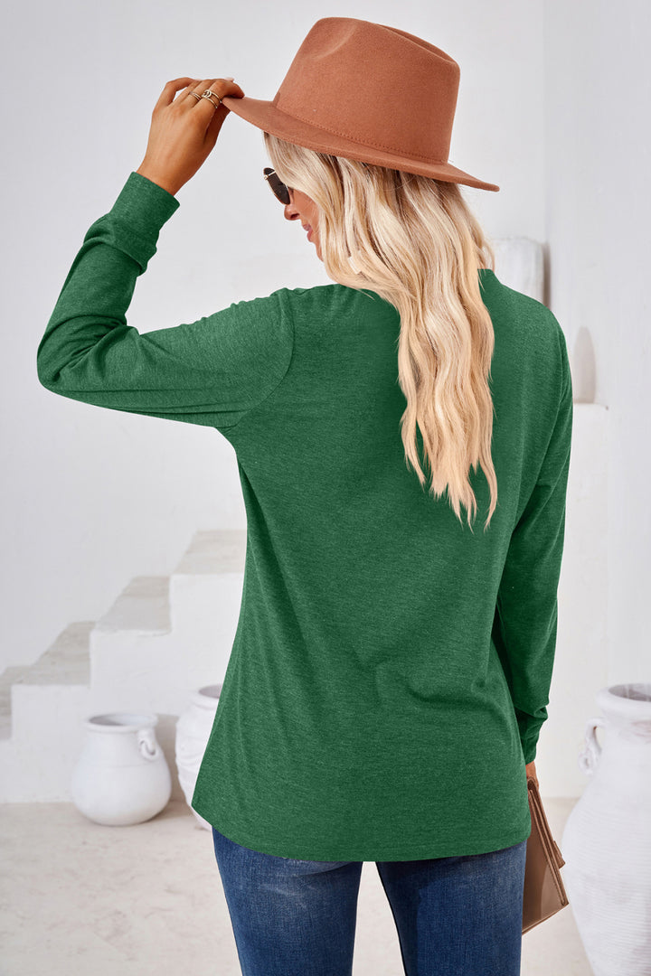 Buttoned split V-neck long sleeve henley top