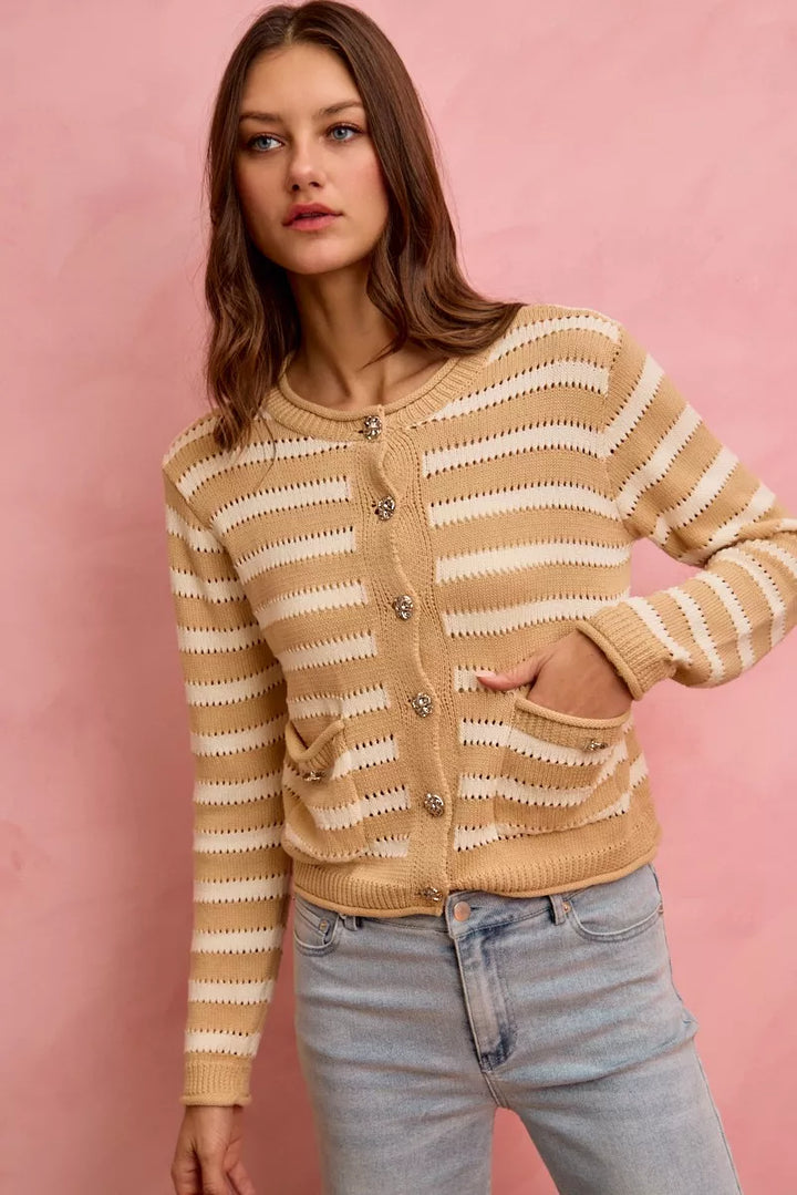 Striped openwork knit cardigan with jeweled buttons