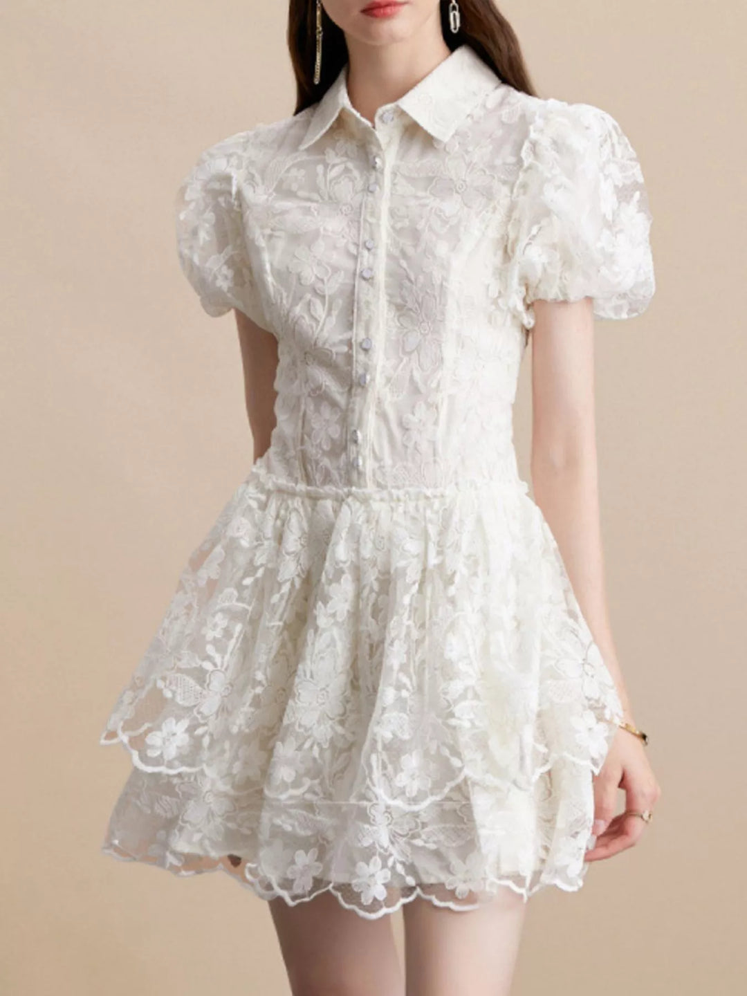 Floral lace puff sleeve mini dress with tiered skirt