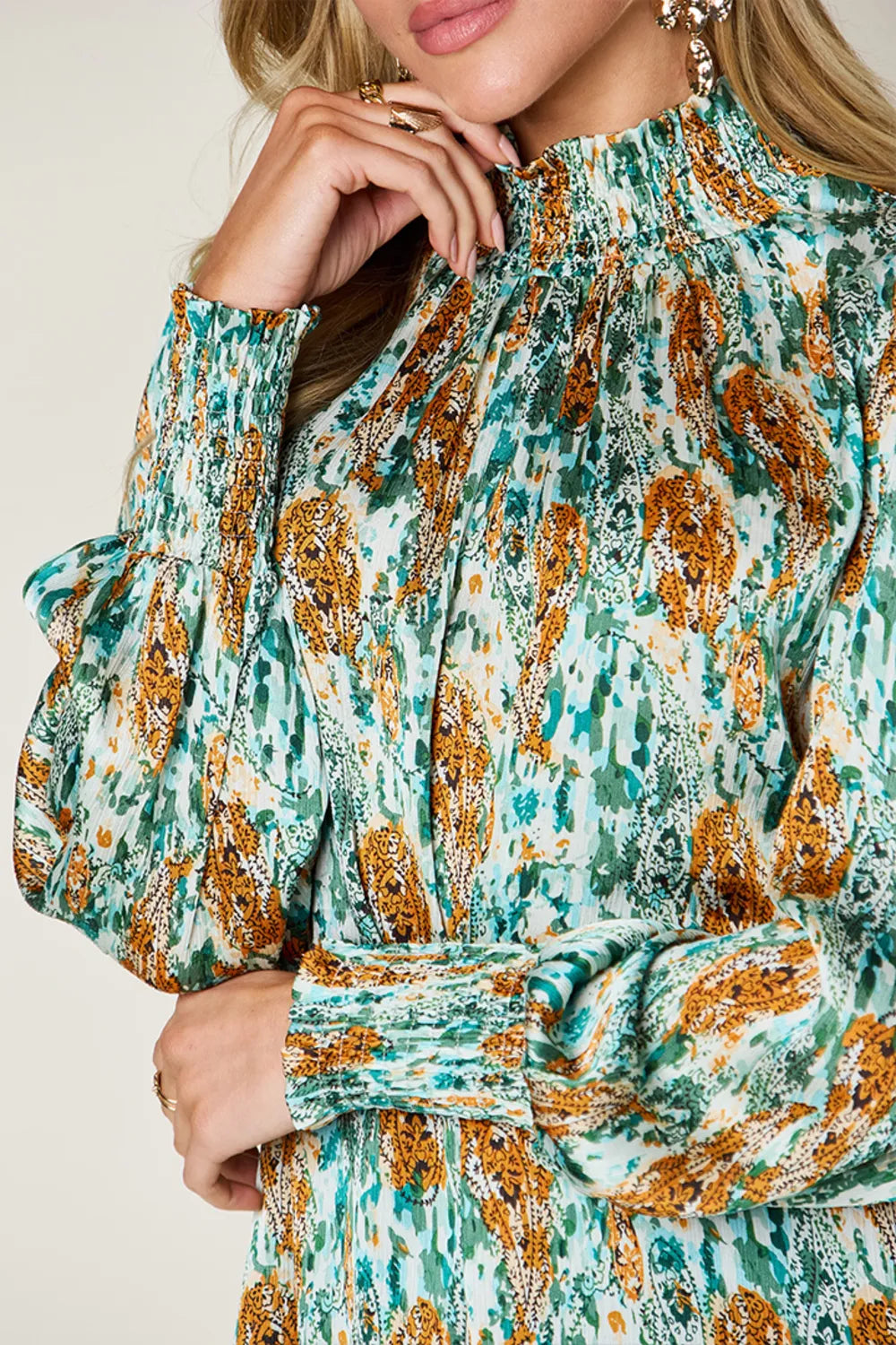 Printed smocked frill mock neck long sleeve blouse