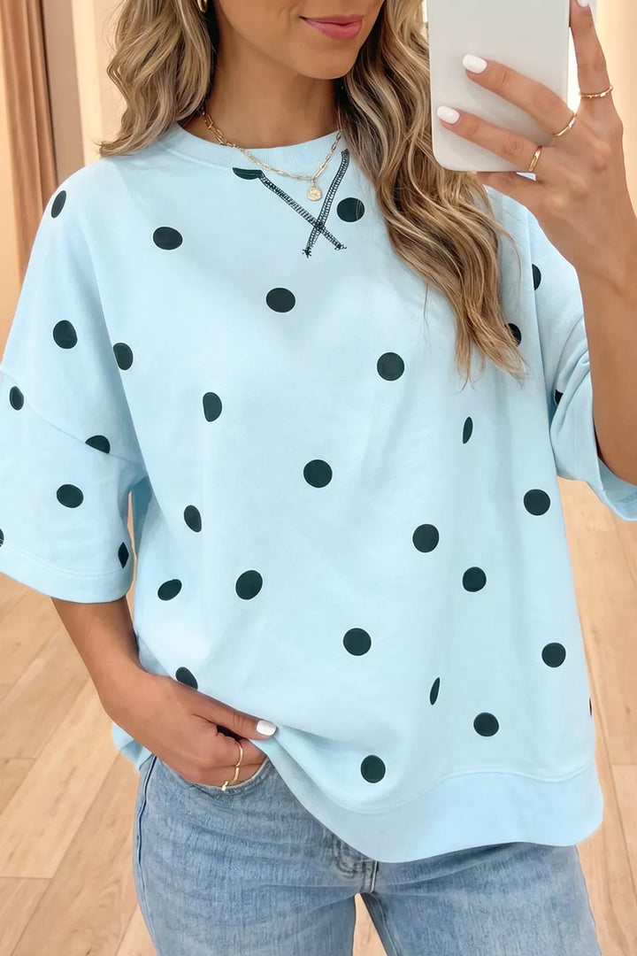 Pastel  Blue Polka dot oversized drop-shoulder crew neck tee