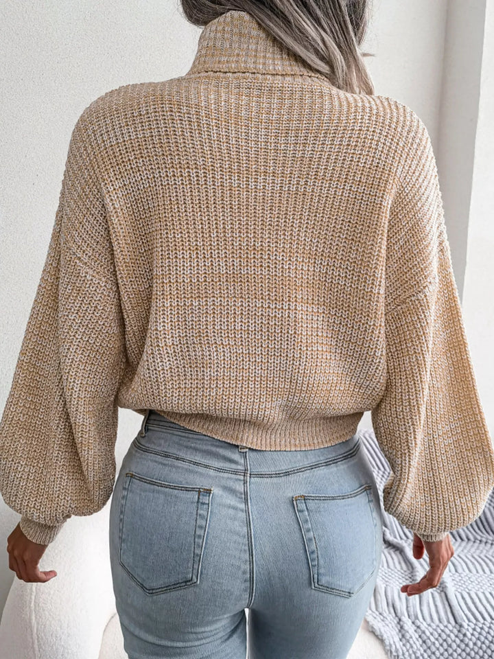 Waffle knit turtleneck sweater with dropped shoulders