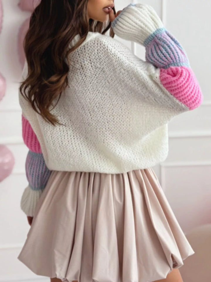 Color-block open-knit crew neck pullover sweater