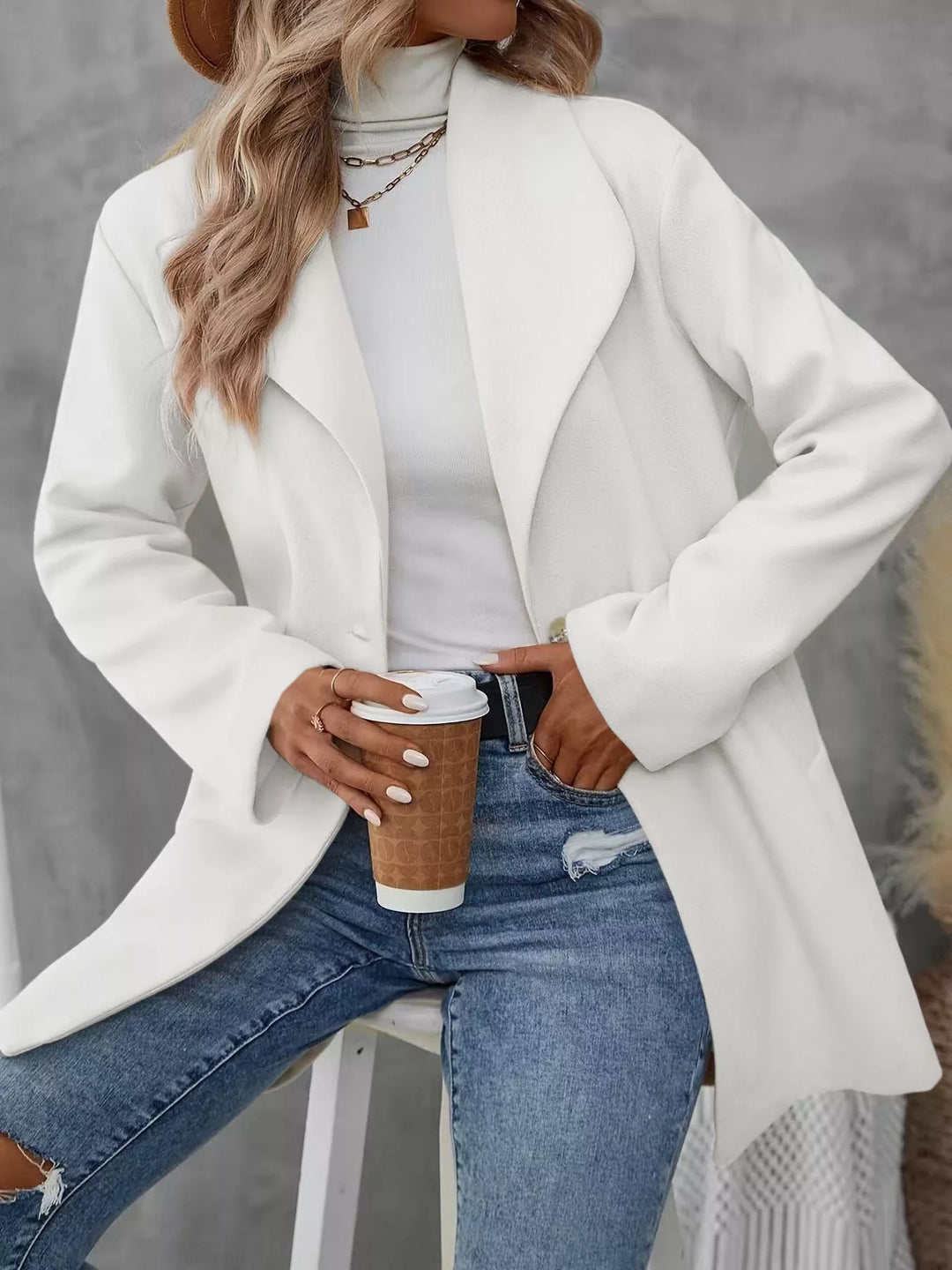 Single-button lapel collar mid-length overcoat