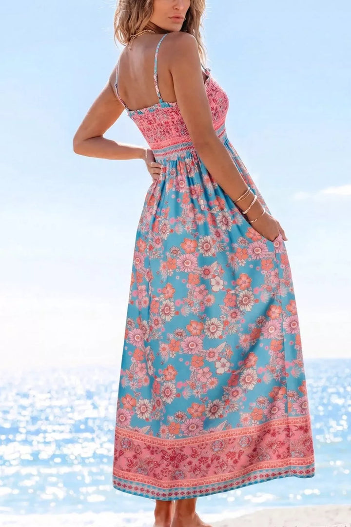 Bohemian floral print smocked spaghetti strap maxi dress