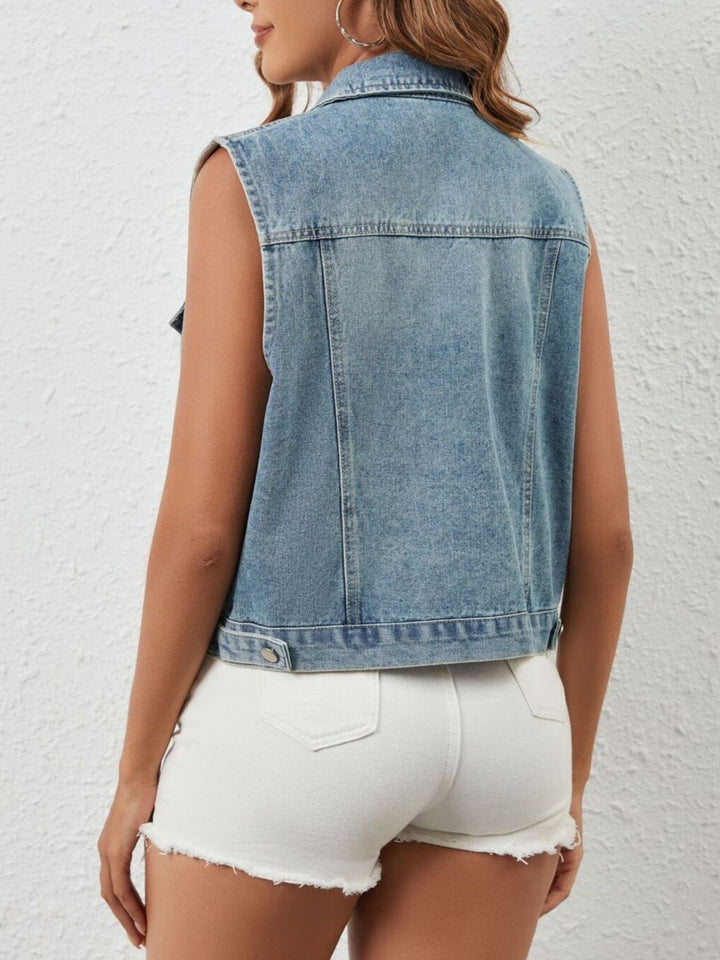 Rhinestone studded sleeveless cropped denim vest