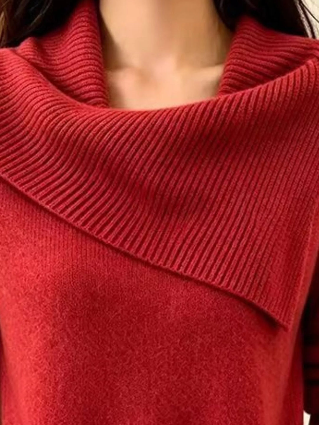 Asymmetric foldover ribbed collar knit pullover sweater
