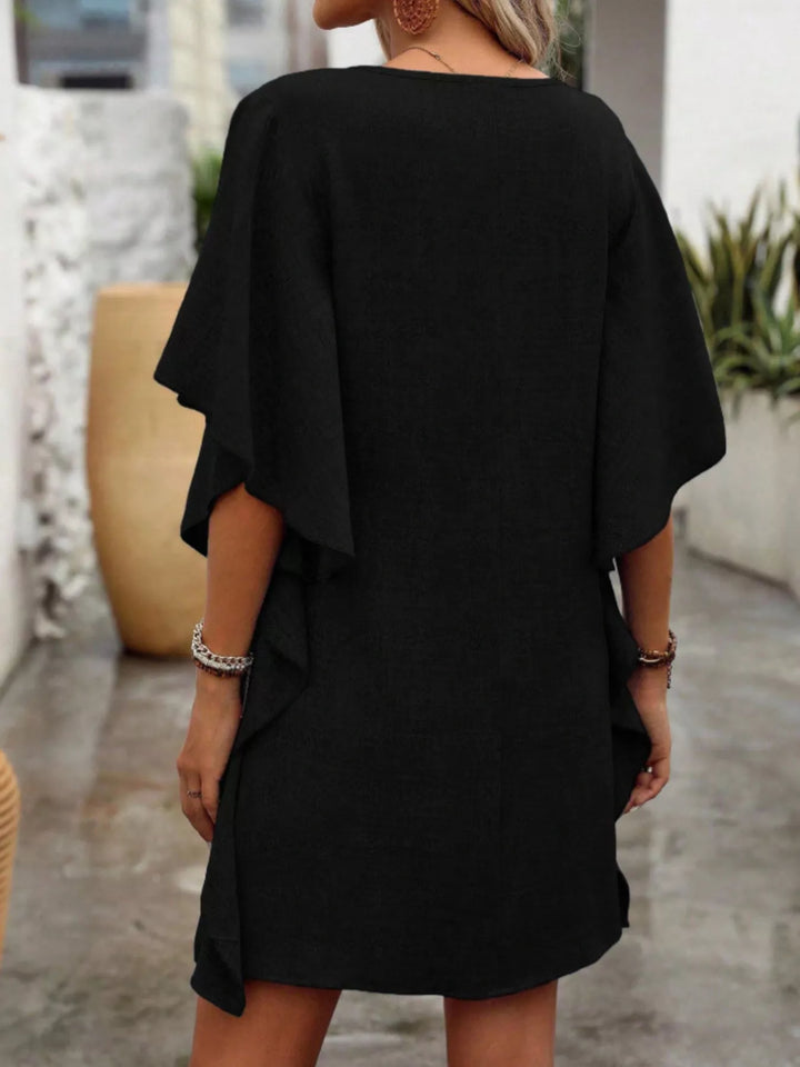 Flutter sleeve V-neck mini dress in textured weave