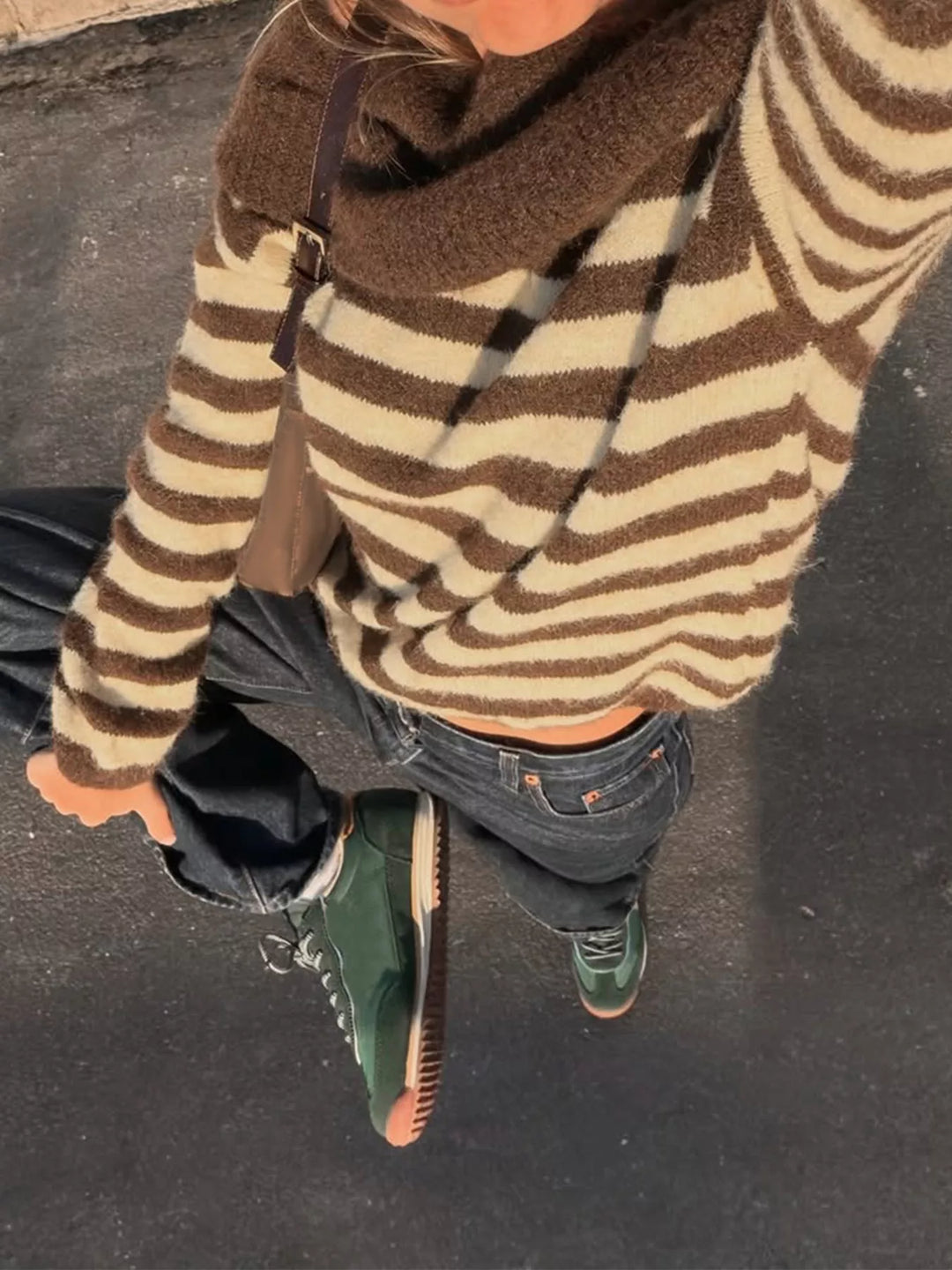Striped off-shoulder knit sweater with foldover ribbed collar