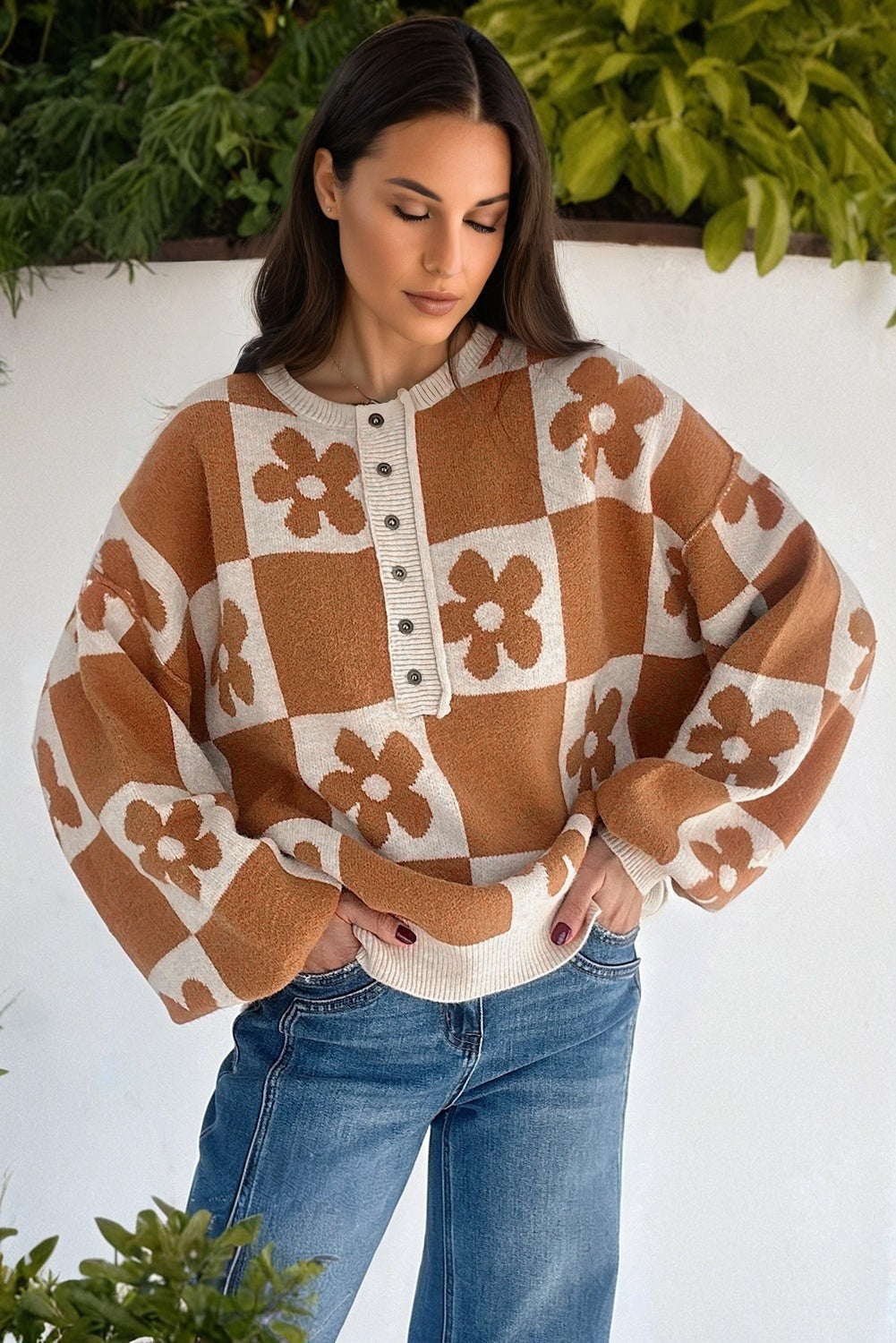 Oversized floral checker henley knit sweater - Thai Curry