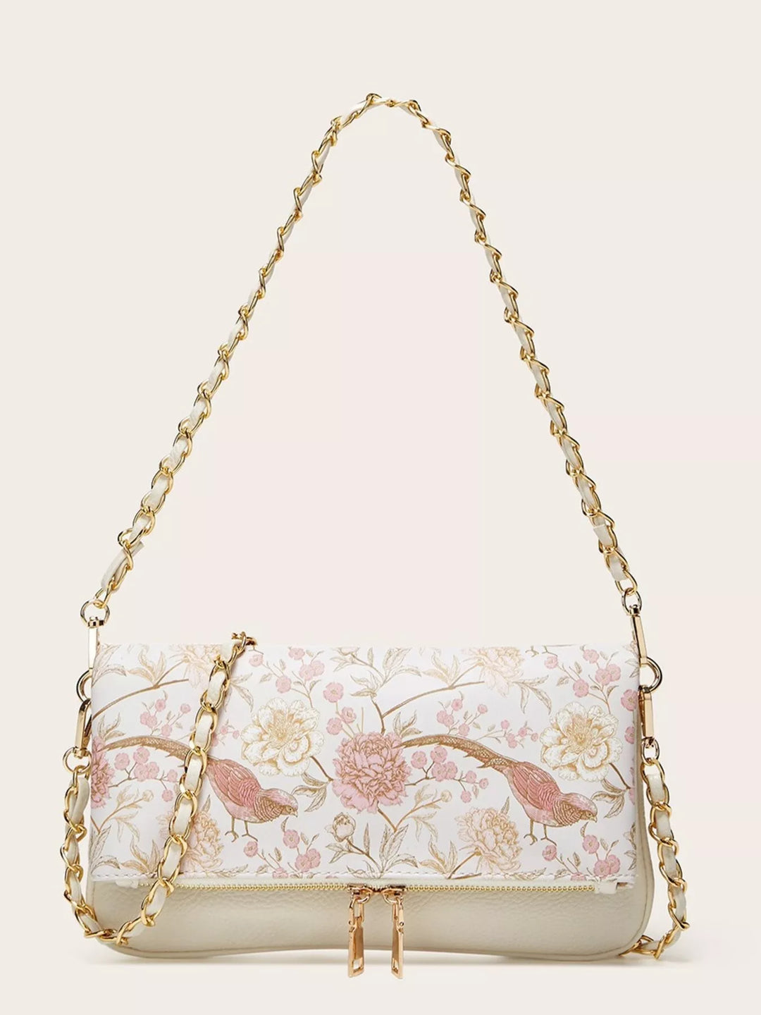 Pink Floral bird print mini shoulder bag with woven chain strap