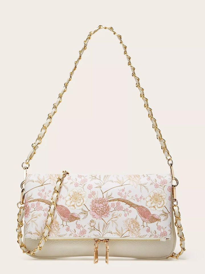 Pink Floral bird print mini shoulder bag with woven chain strap