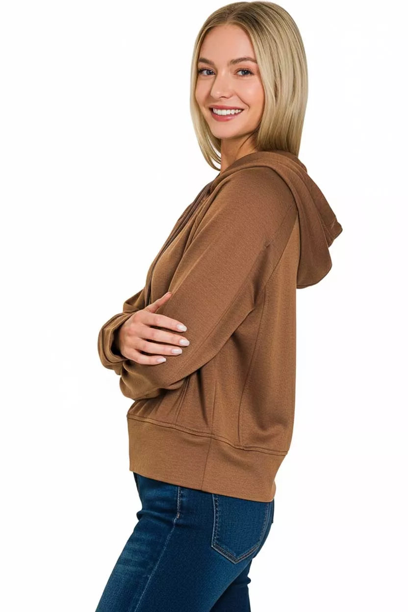Drawstring scuba knit pullover hoodie with banded hem