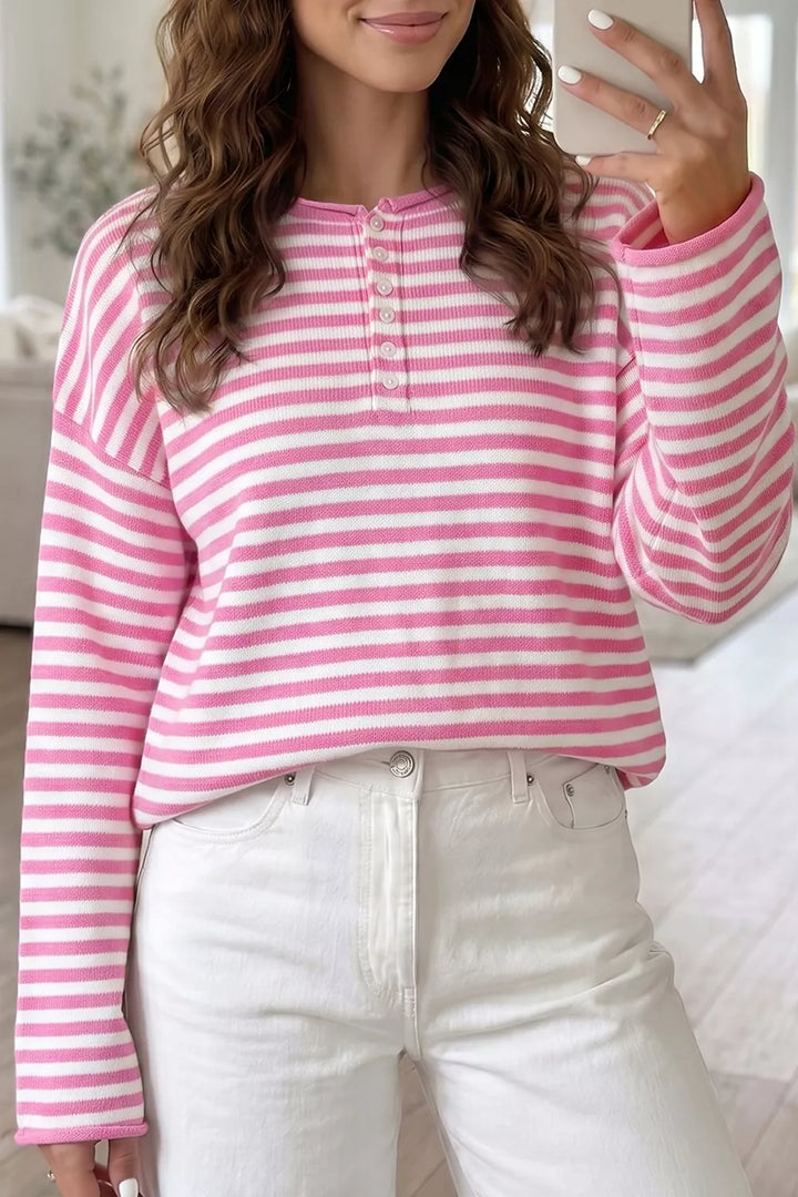 Blush Pink Striped drop shoulder henley sweater with button placket